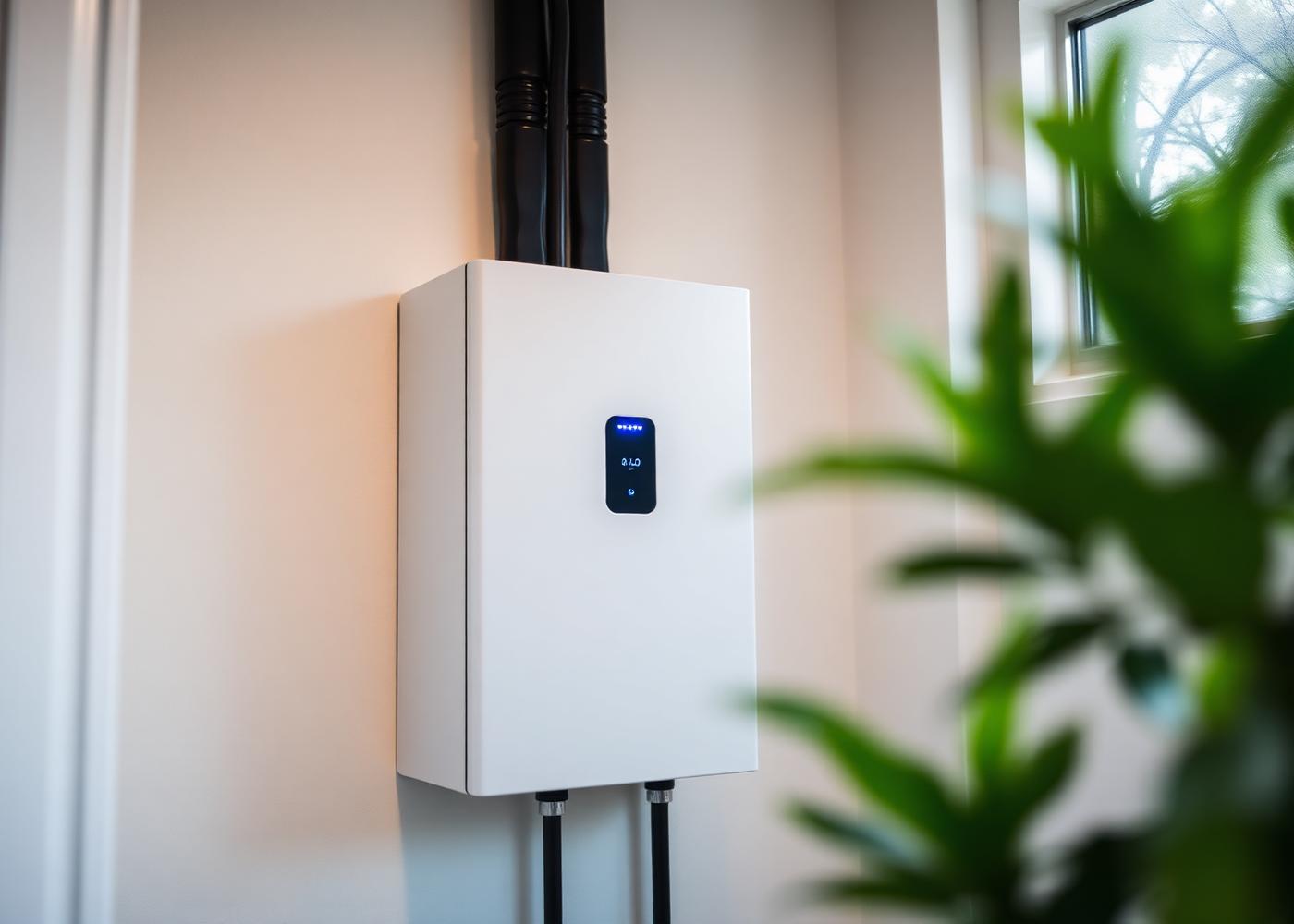 Thuisbatterij in een lichte technische ruimte met groene plant