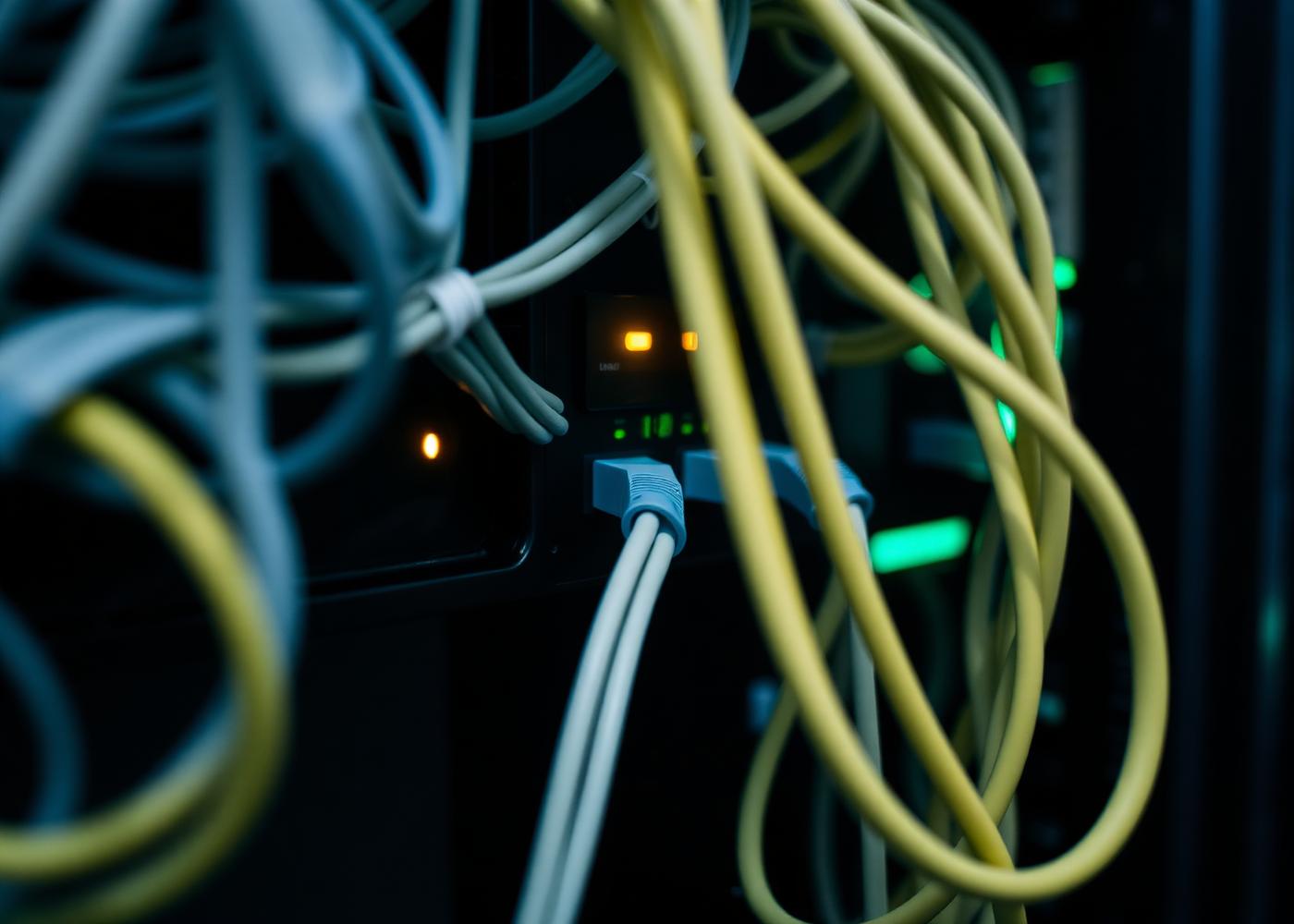 Netwerkrack met netjes gebundelde kabels en groene status-leds